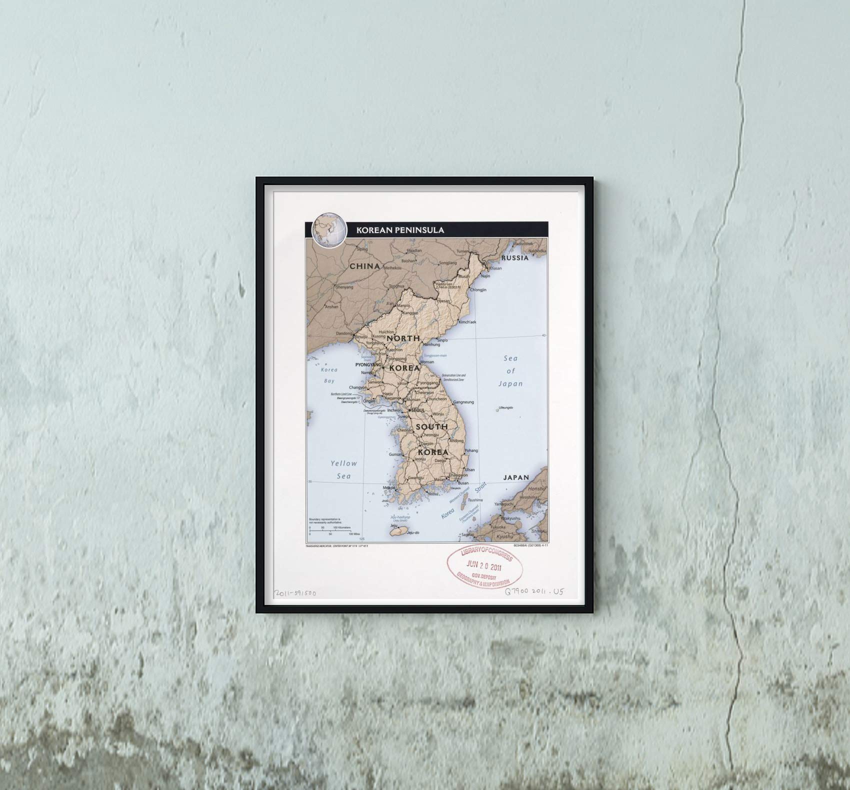 Korean Peninsula|2011 Central Intelligence Agency Map|Shows Boundry, Roads & Railroads|18x24 Wall Map