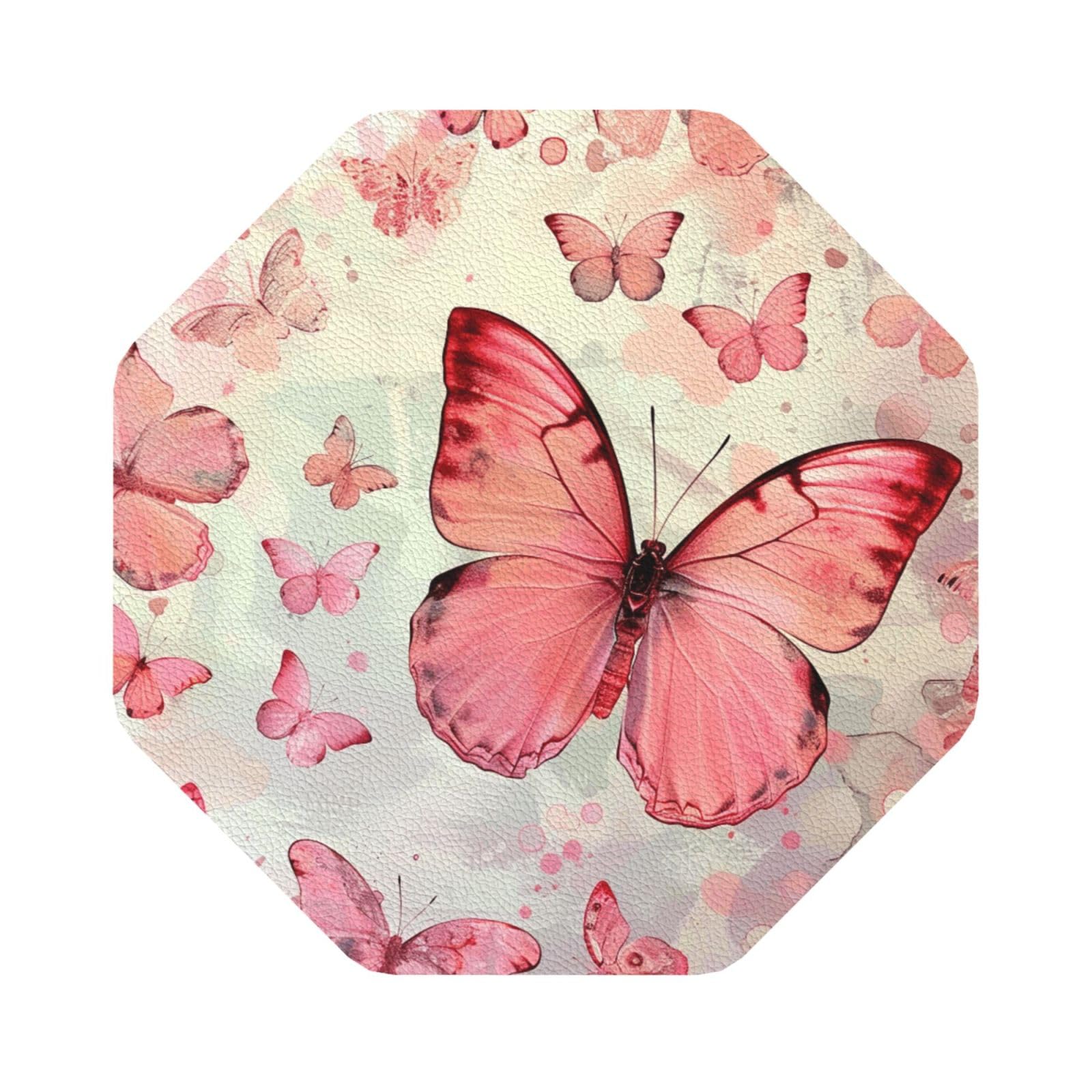 Butterfly Print Leather Coaster Set of 6, Octagon Coasters Table Decorative Coffee Cup Beverage Coasters Wine Beer Bar Coasters for Hot Drinks Table Protection