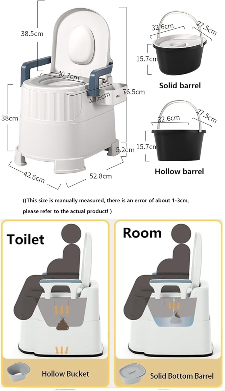 Diagram showing dimensions of the commode and two types of buckets: solid and hollow.
