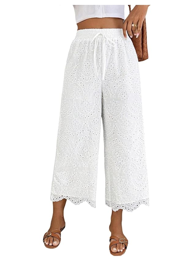 MakeMeChic Womens Boho Eyelet Embroidery Wide Leg Pants High Waist Tie Front Cropped Trousers
