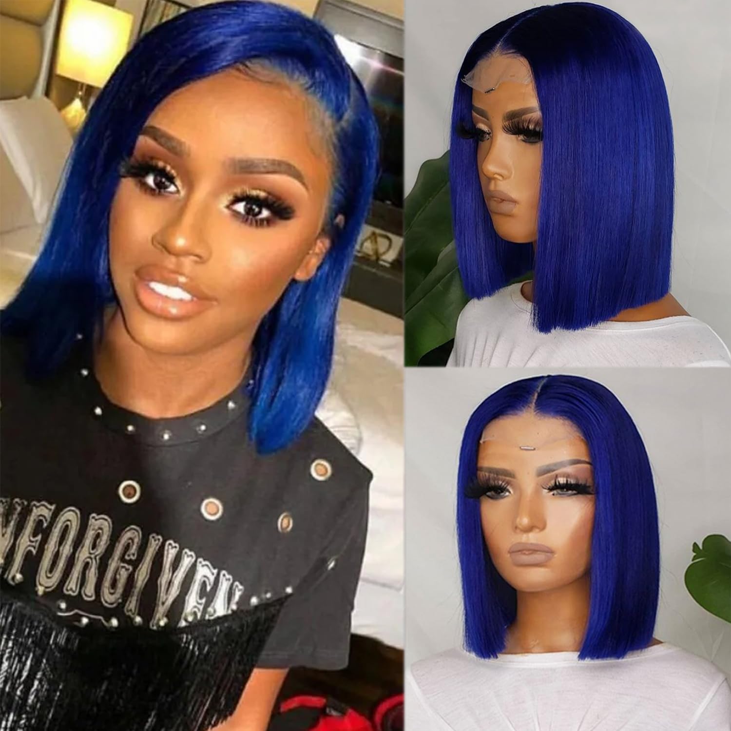 12” SHORT BLUE BOB HUMAN HAIR STRAIGHT LACE-FRONT Amazon.com : Blue Bob Wigs Human Hair for Black Women 13x4  main image 2