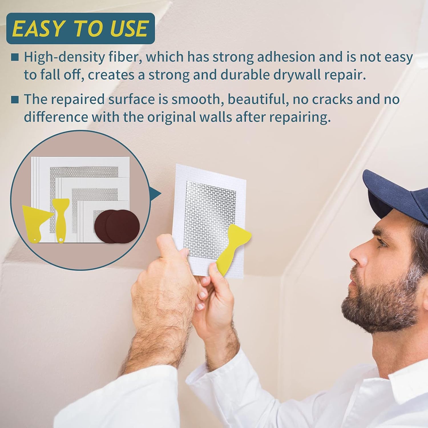 Drywall Repair Kit, Drywall Patch 10Pcs Customized Cuttable Wall Patch Repair Kit with Complete Tools Self-Adhesive Aluminum Fiber Mesh Over Galvanized Plate for Dry Wall (6pcs 6"+3pcs 2"+3pcs 4") - - 