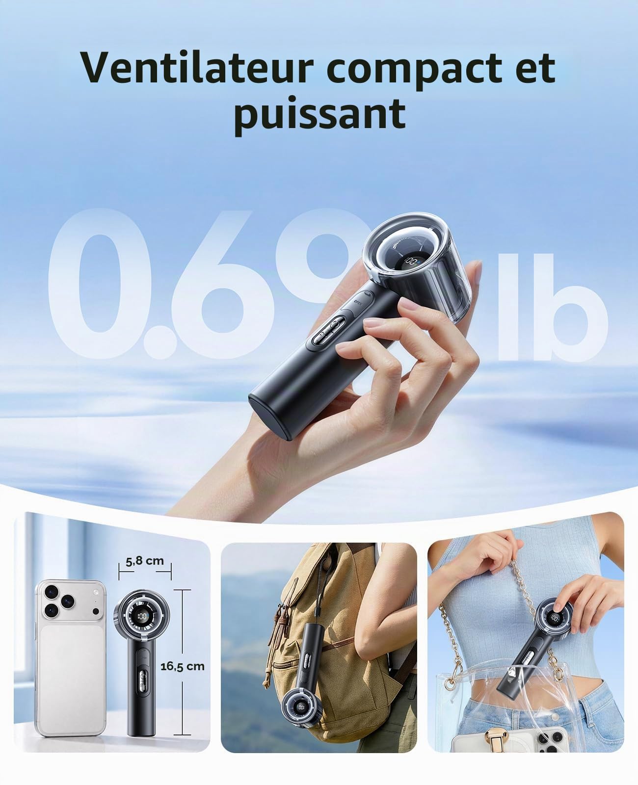 KIMMOO Ventilateur turbo portable portable avec brumisation, puissant 25 000 tr/min, vitesse (1 à 100), réservoir d'eau de 50 ml, ventilateur personnel rechargeable par USB, petit ventilateur de poche