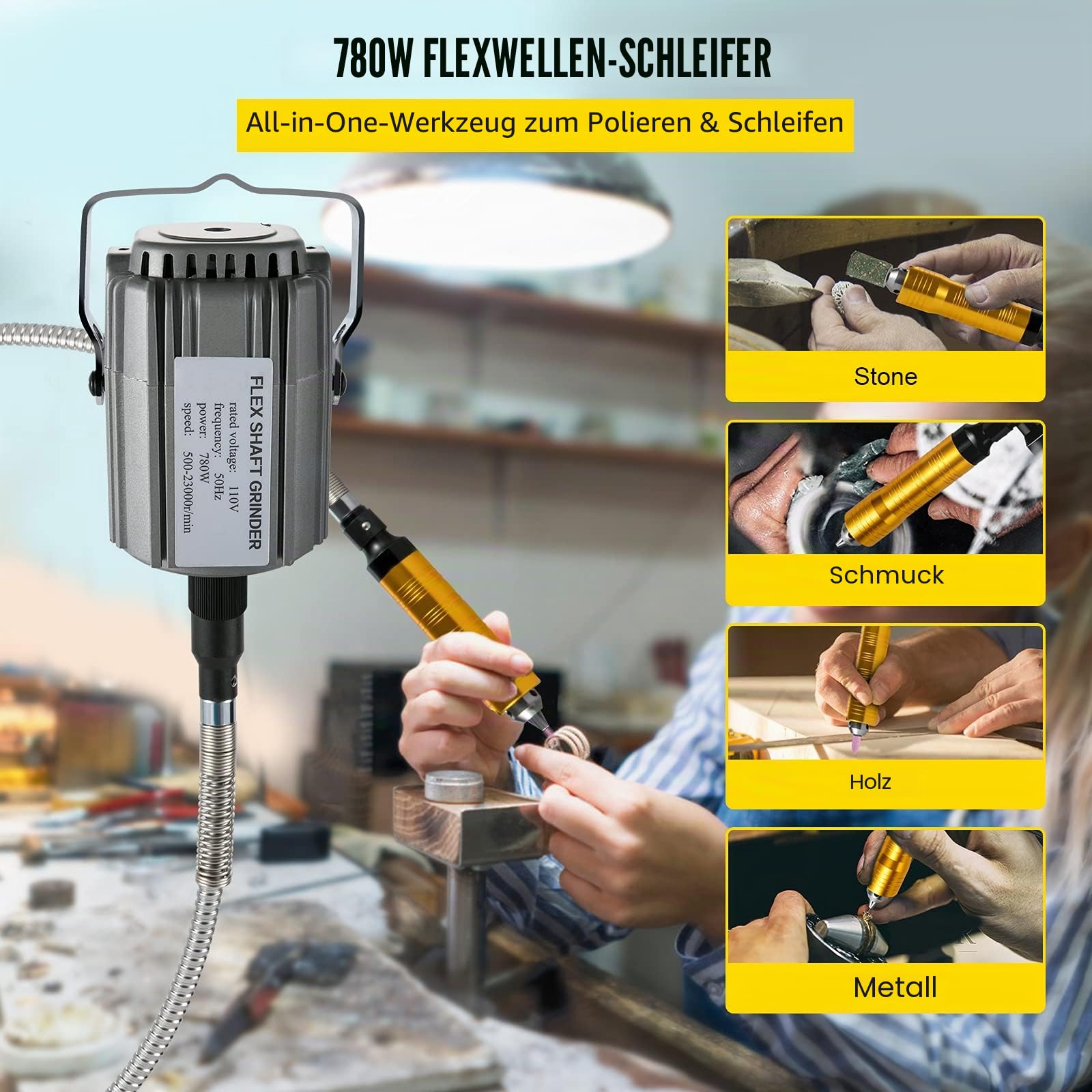 VEVOR Elektrische Drehwerkzeug Flex Shaft Wellen Aufhängung 780 W Schnellschleif Gerät biegsamer Welle, Hängemühle Wellenlänge 100cm, Fußpedal-Steuerung 500-23000U/min, Dreibackenfutt, 45 Stk. Zubehör