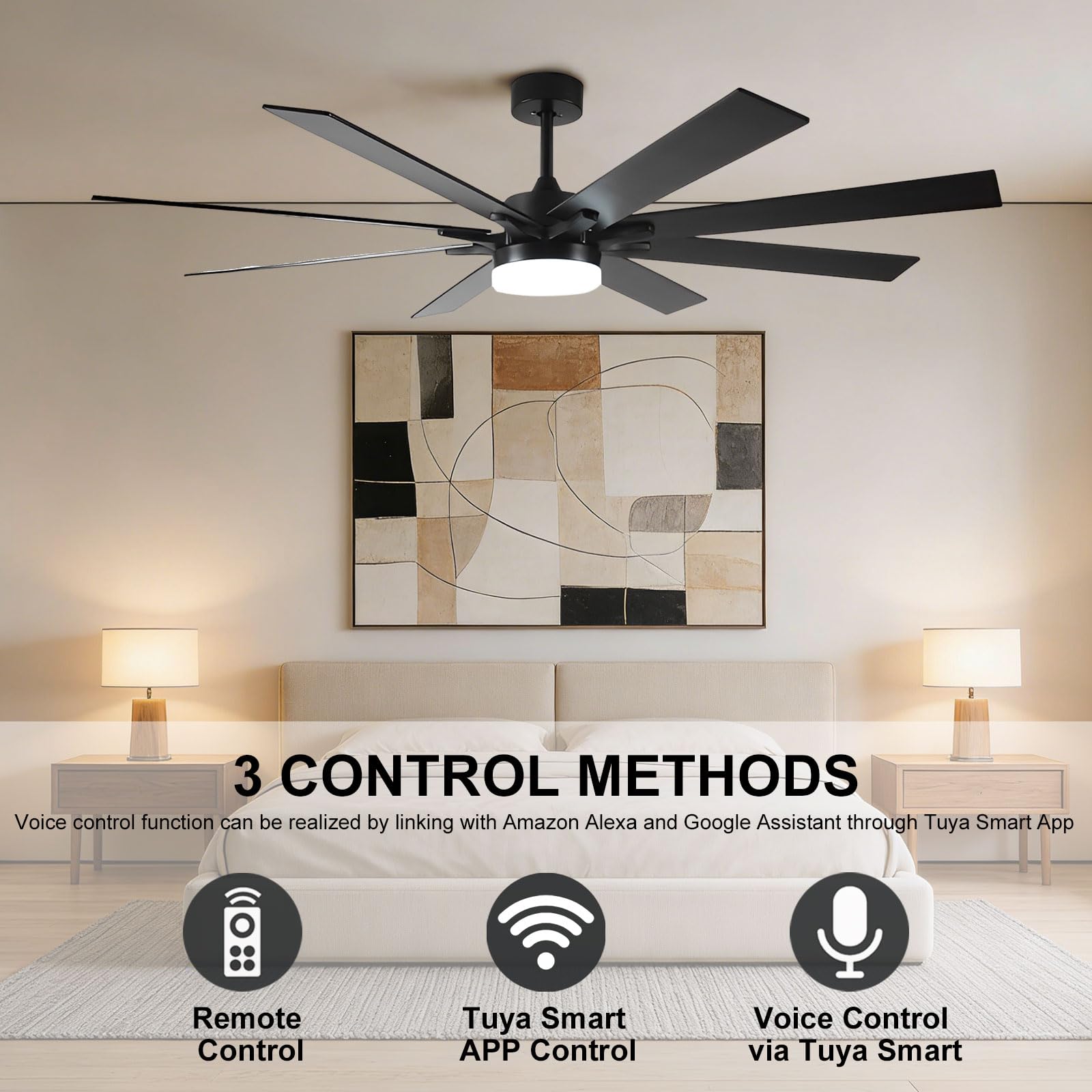 Ventilatore da soffitto Silenzioso per Interni con Luce LED dimmerabile, 72 Pollici, Controllo Intelligente Tramite Telecomando/App/vocale, 6 velocità, Colore Nero Moderno, Ideale