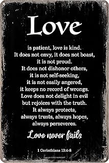 Love Never Fails Wall Art - 1 Corinthians 13:4-8 Bible Verse Scripture Metal Sign - Christian Home Decor for Living Room, Bedroom, Wedding Gift - 8x12 Inch