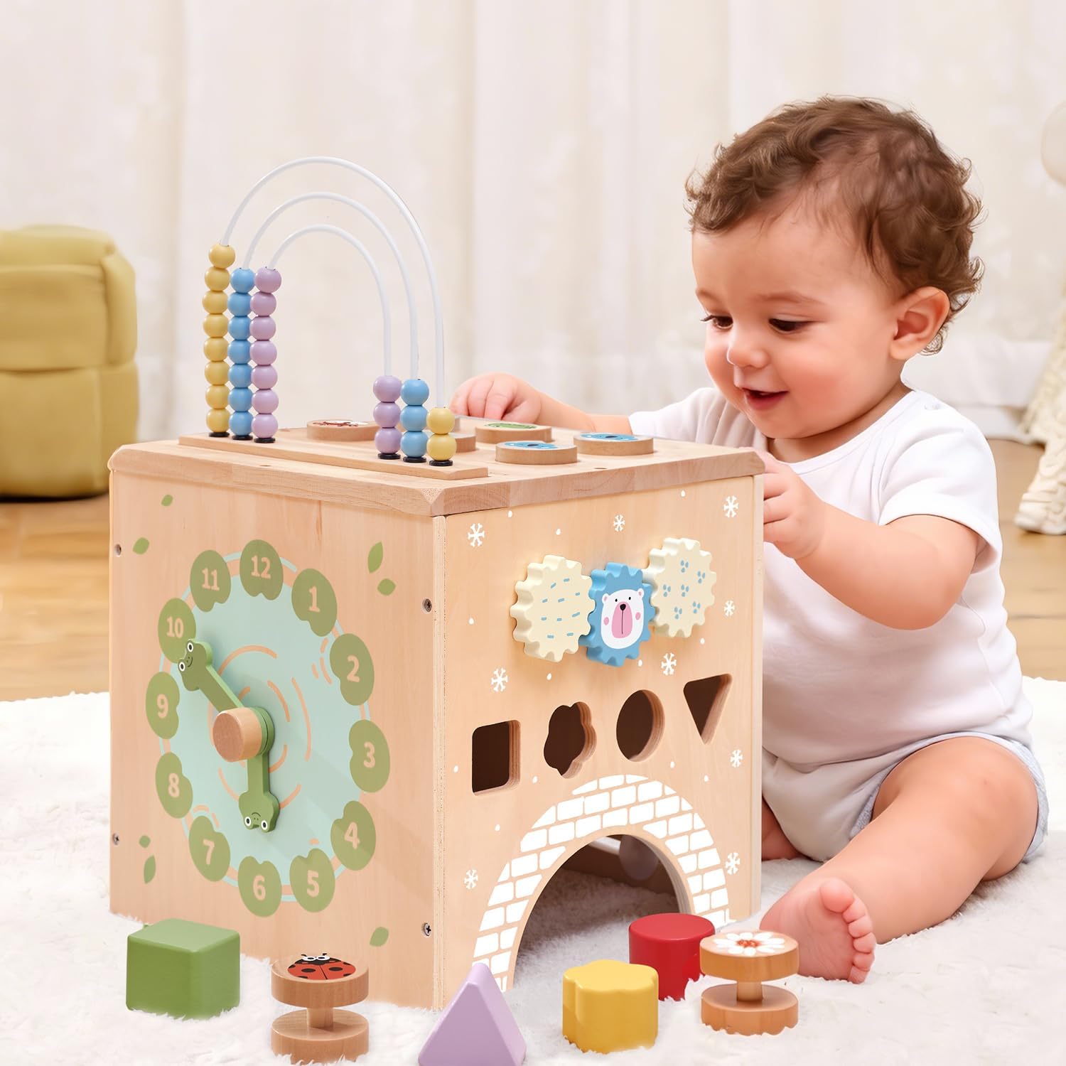 Wooden Activity Cube 9-in-1 Montessori Busy Board Toy | Educational Sorting Play Center for 1+ Year Old Toddlers | First Birthday for Boys Girls