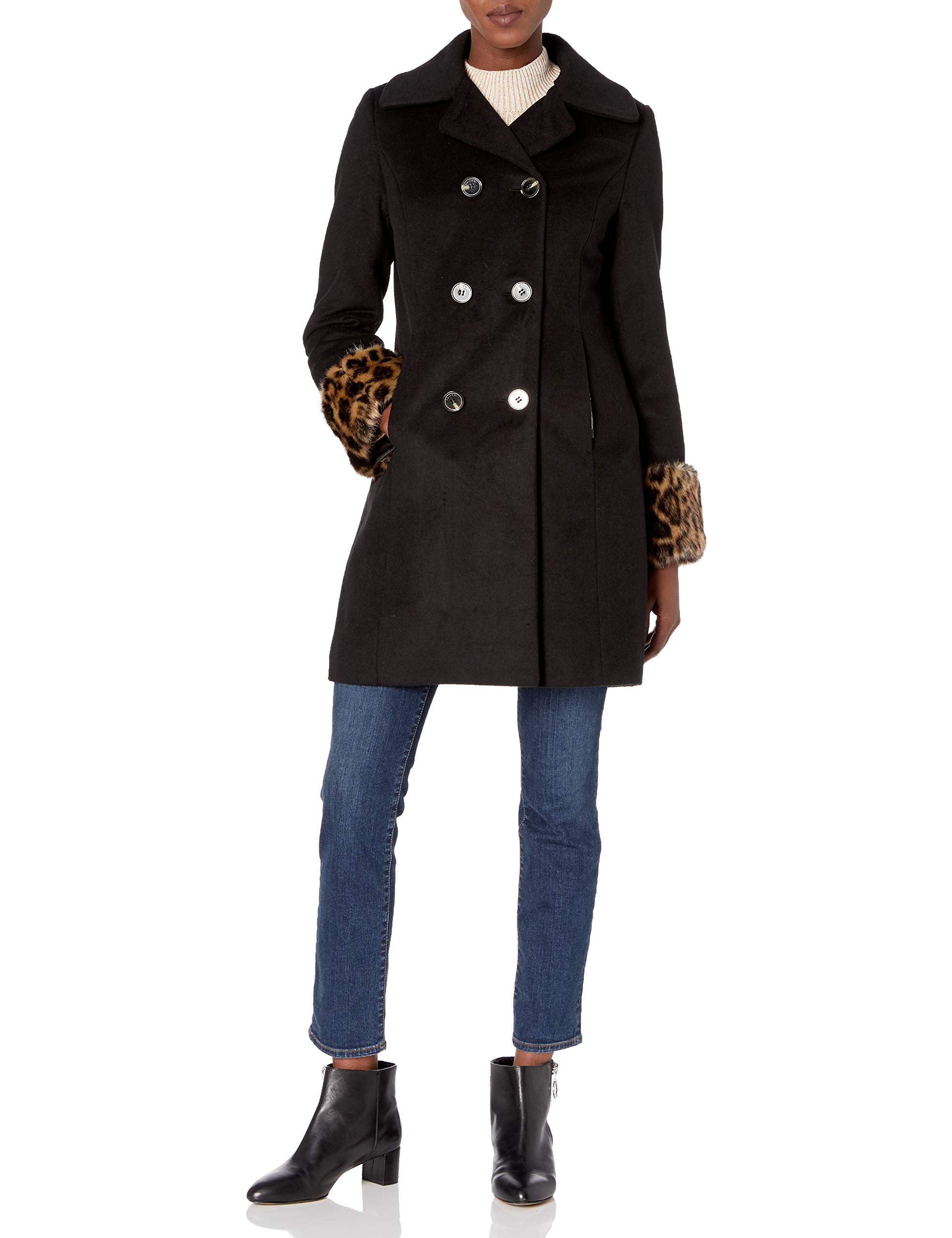 T Tahariwomens Wool Coat With Detachable Leopard Cuff Detail Wool Coat