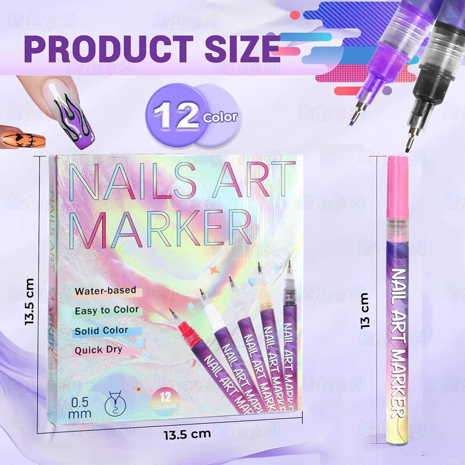 Kidology 12 Colors DIY Nail Art Pens Set | 0.5mm Ultra Fine Nail Art Marker Pens | Quick Dry Waterproof Nail Polish Pens for DIY Nail Painting | Nail Art Kit for Women & Kids