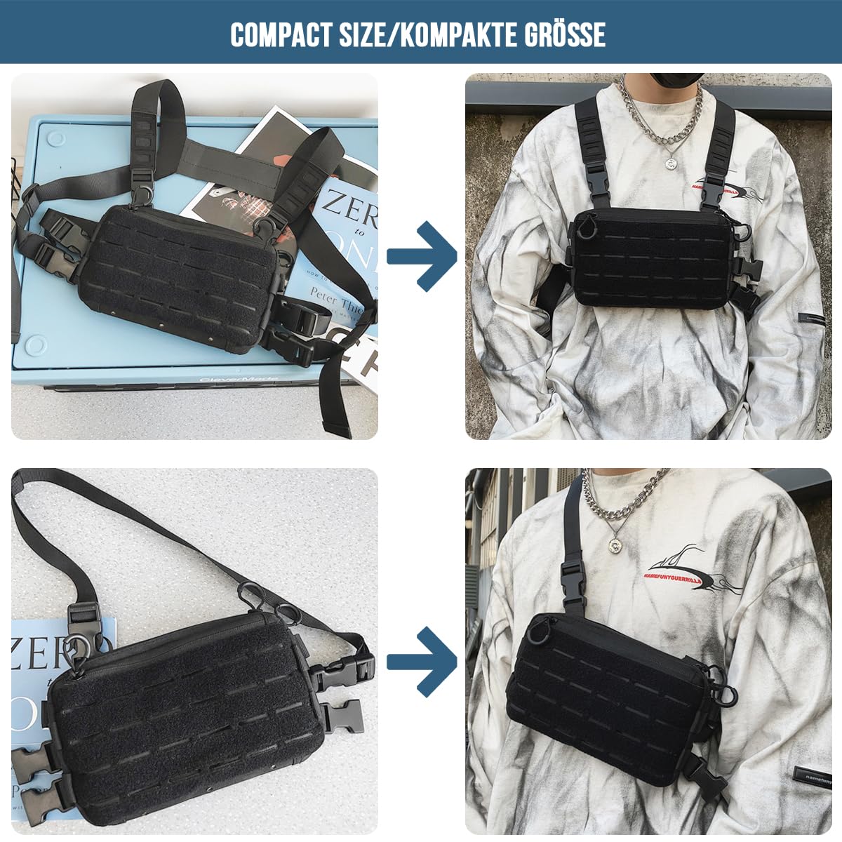 MUCHER Klatka piersiowa Rig Pack Taktyczna torba na klatkę piersiową dla mężczyzn do biegania Radio Walkie Torba na klatkę piersiową z 3 haczykami na zewnątrz Piesze wycieczki Polowanie Camping