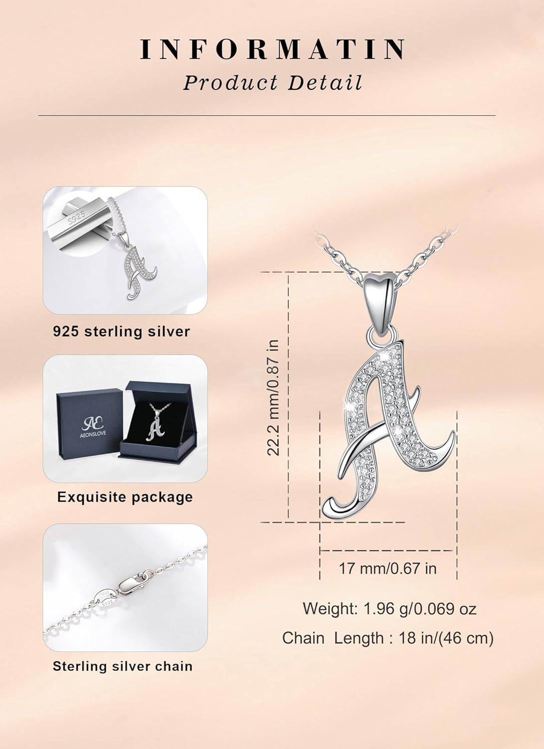 AEONSLOVE 925 Sterling Silver Initial Necklaces for Women, 26 Letters Pendants Necklace Gift for Mother, Daughter, Wife, 18 Inch Chain - Image 6