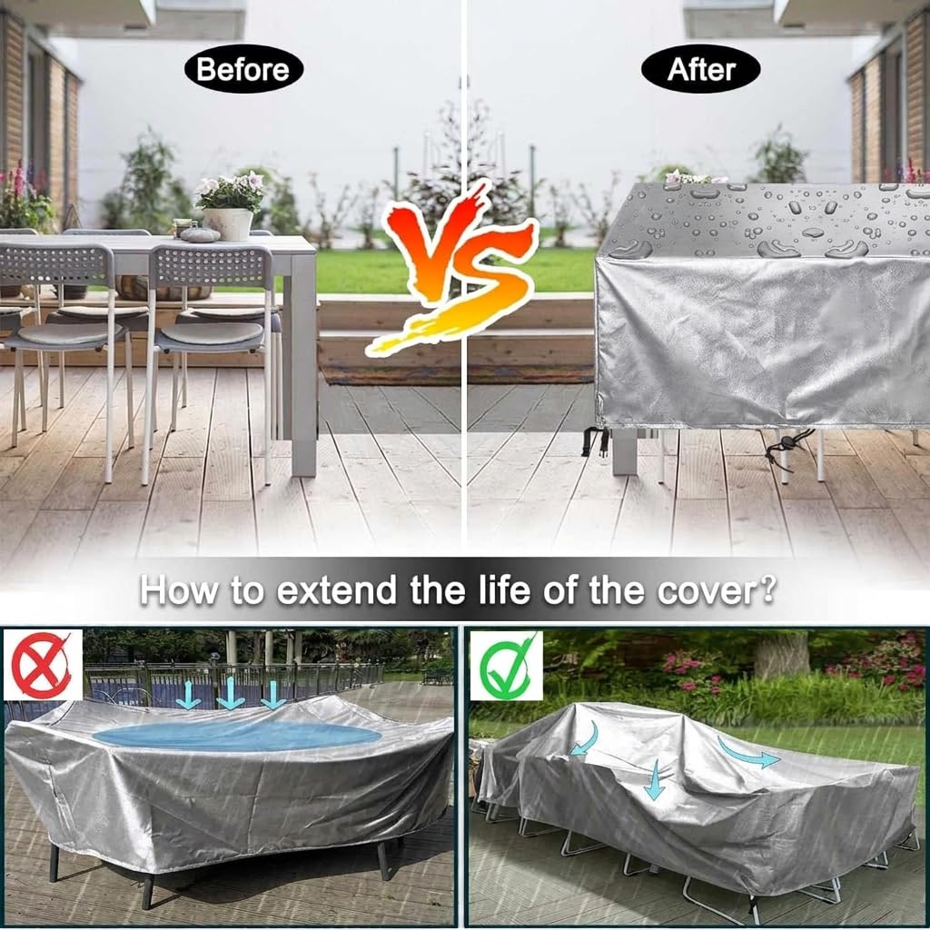 Copertura per Mobili da Giardino 270x220x220 cm Telo Copritavolo Esterno Impermeabile in 420D Oxford, Fodera Protettiva Rettangolare Resistente all'Inverno per Tavolo, Panca o Sdraio,Argento