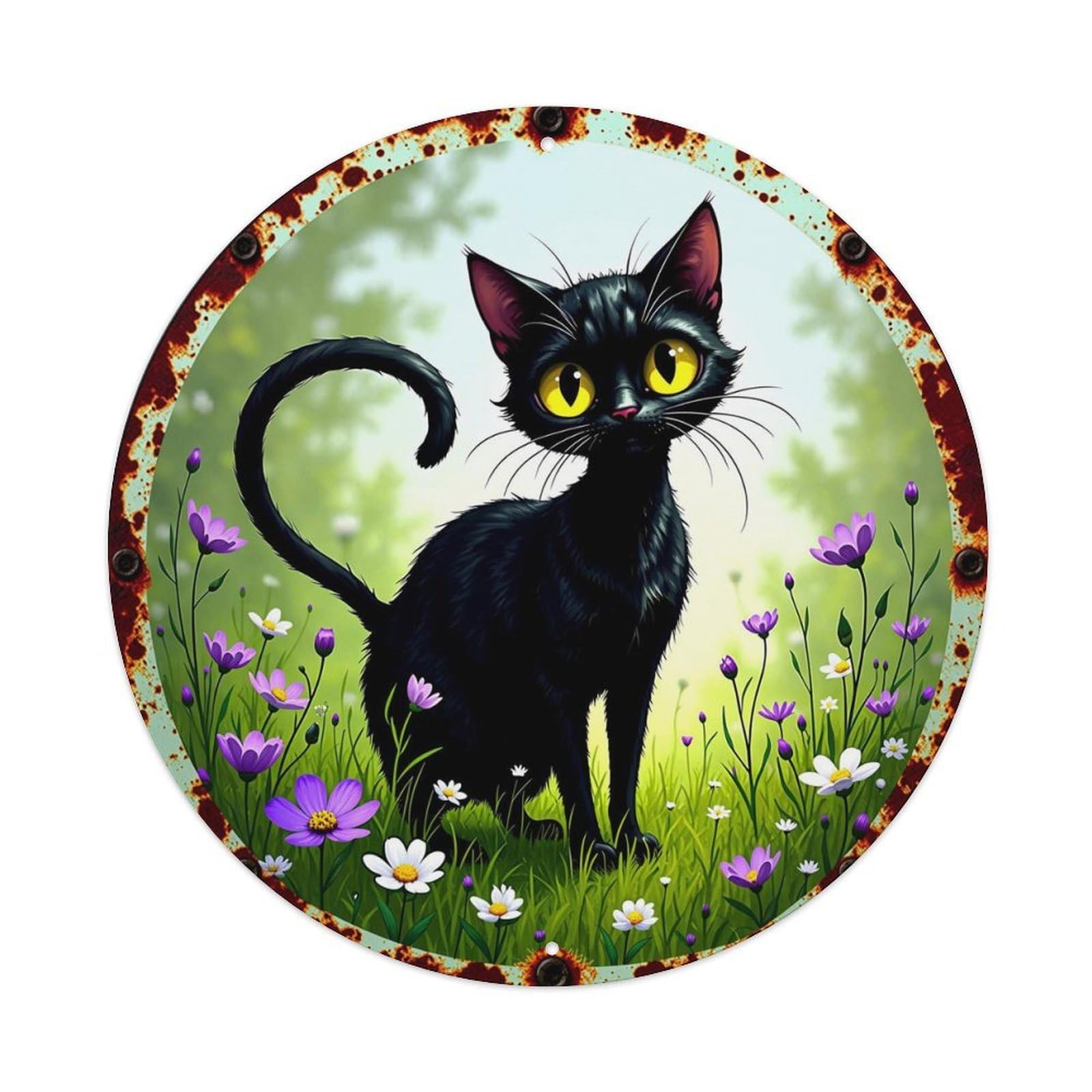 Black Cat In Flower Field Vintage Round Tin Sign Retro Metal Wall Decor Metal Poster, Home Bar Garage Cafe Wall Art Decoration 8x8Inches