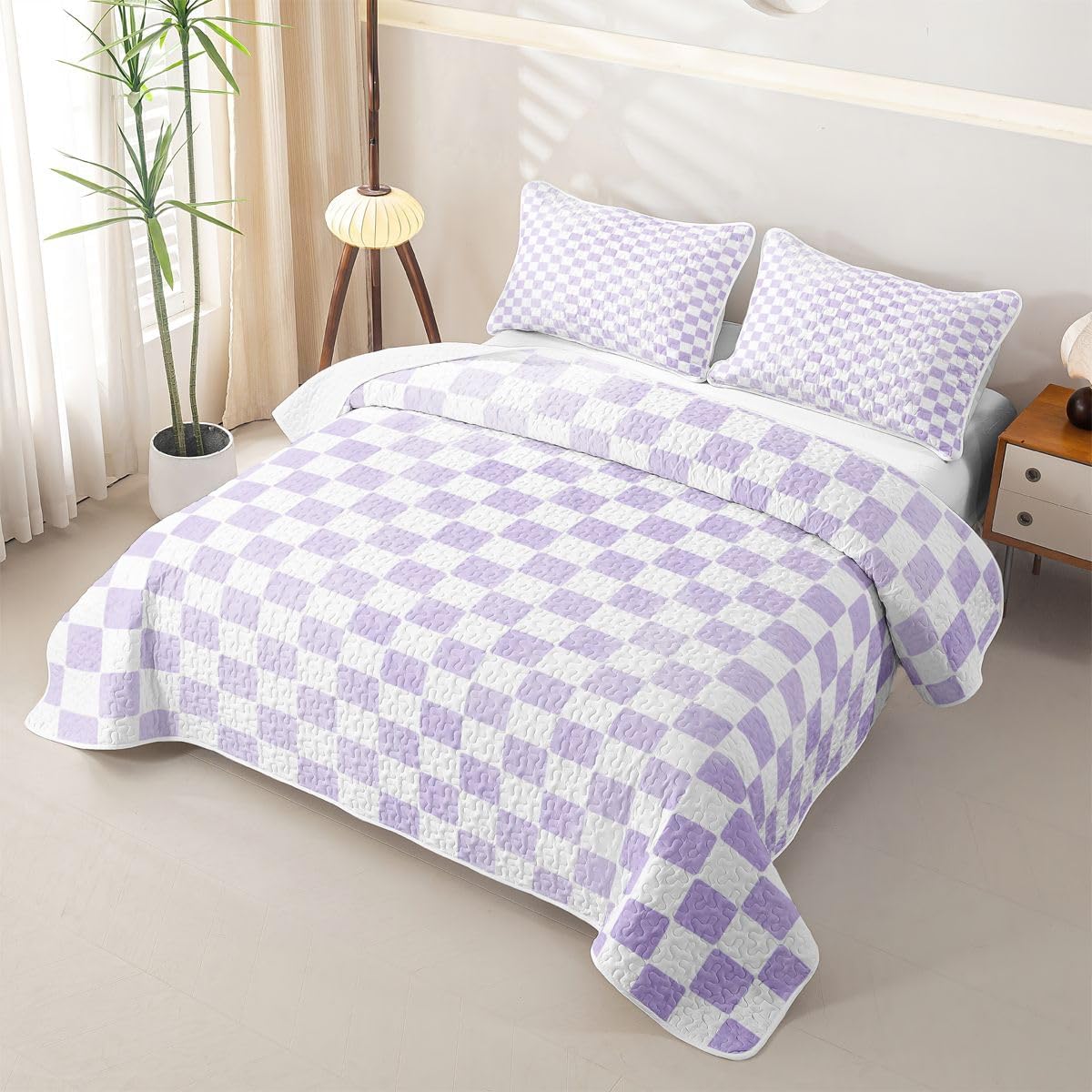 Feelyou Purple Checkered Geometric Quilt Set Full Size for Kids Boys Girls
