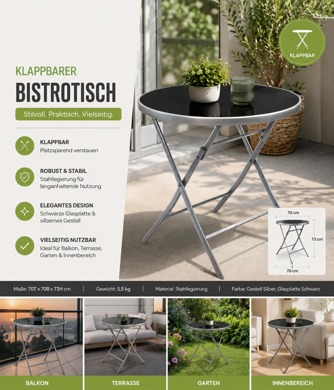 NEXOS Klappbarer Bistrotisch Lara aus Metall/Glas - Ø 70 cm | stabil und witterungsbeständig - Glasplatte Schwarz – Gestell Silber