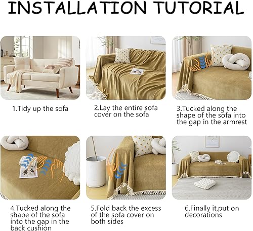 Miniatura 6 de HANDONTIME Funda de sofá bohemia color amarillo mostaza para perros, funda de sofá marrón para perros con borlas, protector de sofá de felpilla sin