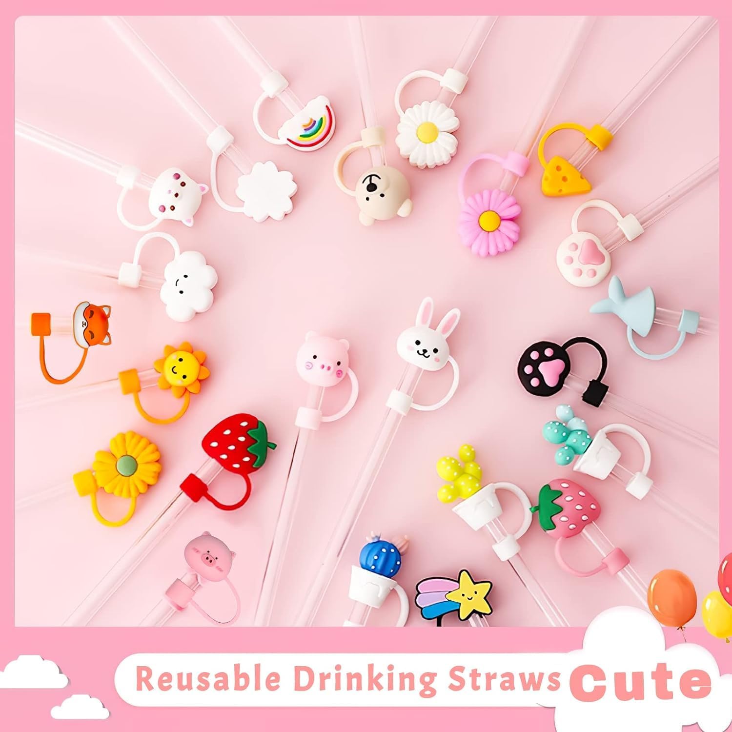BHARAT EXPORTS Reusable Cute Cartoon Straw Cap | Silicone Straw Cover Cap | Dust-Proof Drinking Straw Tips Lids Cover (Pack of 10, Multi-Design) 4