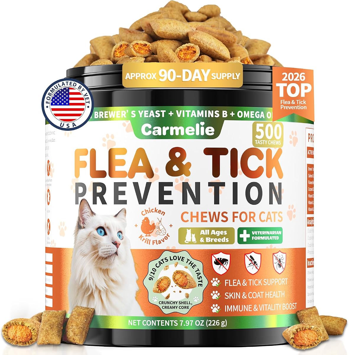 Carmelie Prevención de pulgas y garrapatas para gatos masticables, 500 crujientes y cremosos | Tratamiento oral natural contra pulgas de gato para piel y pelaje, masticables para pulgas con vitamina y aceite de pescado, sabor a pollo y krill, todas las razas y edades