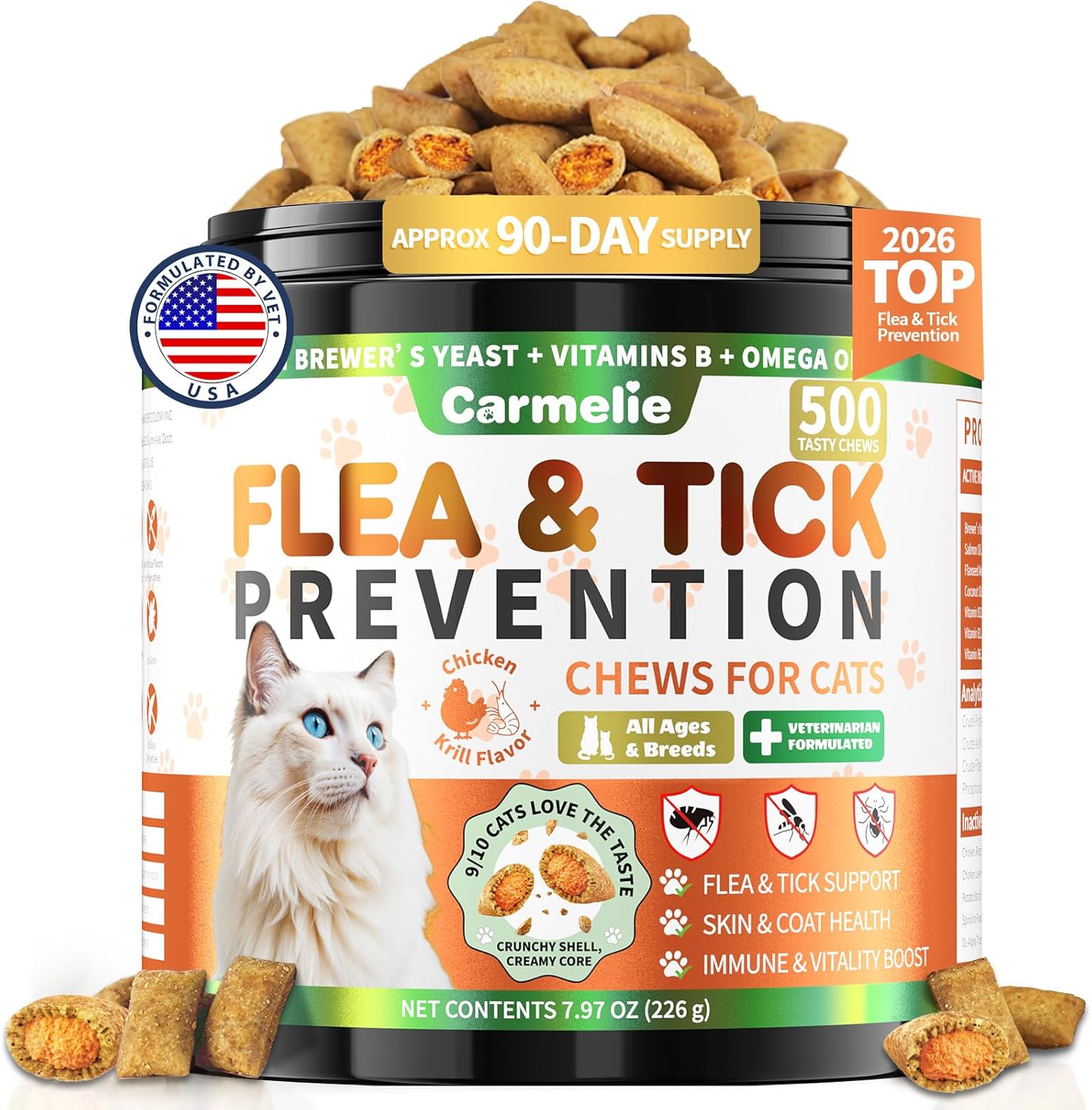 Flea and Tick Prevention for Cats, 500 Crunchy & Creamy Chews, Cat Flea Chewables with Natural Oral Flea Treatment Supplement Cats, Skin & Coat Support – All Breeds & Ages – Chicken and Krill Flavor