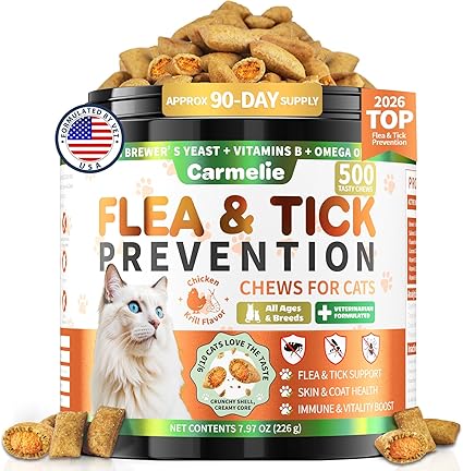 Flea and Tick Prevention for Cats, 500 Crunchy & Creamy Chews, Cat Flea Chewables with Natural Oral Flea Treatment Supplement Cats, Skin & Coat Support - All Breeds & Ages - Chicken and Krill Flavor