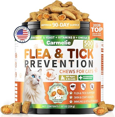 Flea and Tick Prevention for Cats, 500 Crunchy & Creamy Chews, Cat Flea Chewables with Natural Oral Flea Treatment Supplement Cats, Skin & Coat Support - All Breeds & Ages - Chicken and Krill Flavor