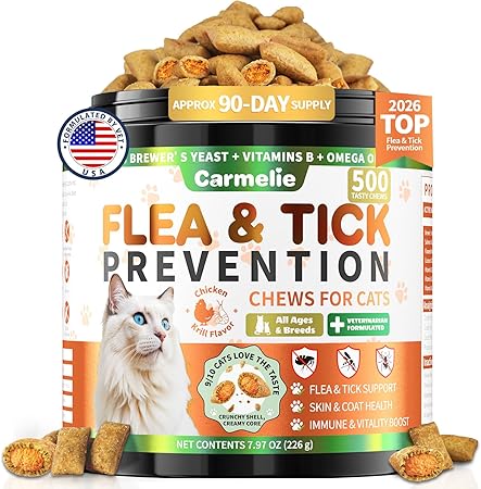 Flea and Tick Prevention for Cats, 500 Crunchy & Creamy Chews, Cat Flea Chewables with Natural Oral Flea Treatment Supplement Cats, Skin & Coat Support - All Breeds & Ages - Chicken and Krill Flavor