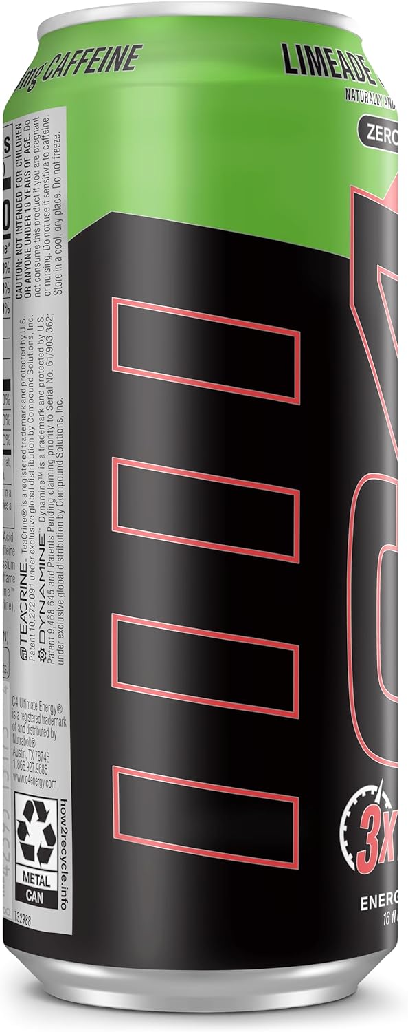 C4 Ultimate Zero Sugar Energy Drink, Tri-Stim Experience with 300mg Caffeine + TeaCrine + Dynamine, Limeade Cherry Bomb, 16oz (Pack of 12)