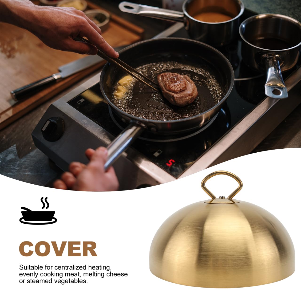HEMOTON - Tapa de carne gruesa de acero inoxidable sin imán dorado, 20 cm, campana de protección alimentaria para hotel, uso de barbacoa de cocina profesional,