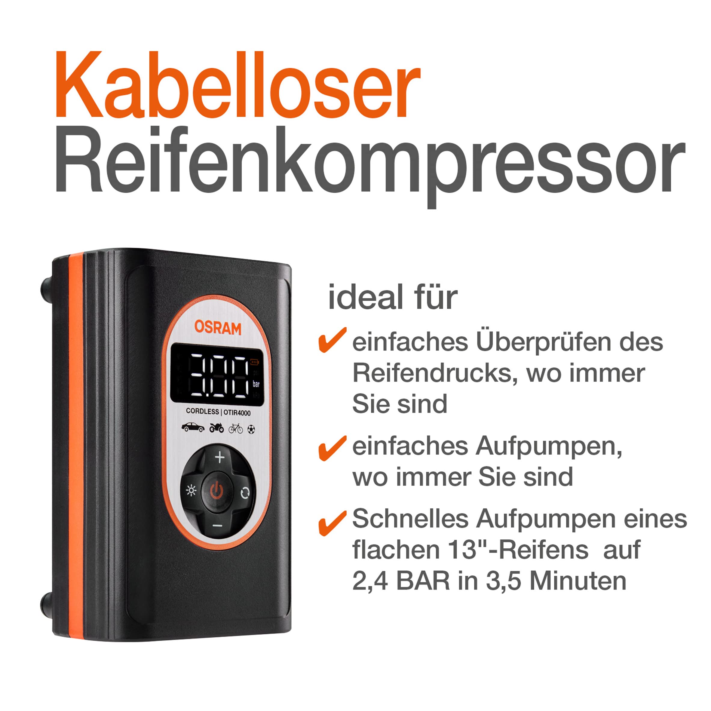 OSRAM TYREinflate 4000, wiederaufladbarer und kabelloser Reifenfüller, programmierbarer digitaler Luftkompressor mit Auto-Stopp und LED-Licht, Reifenbefüllung in 3,5 Minuten | programmierbarer digitaler Luftkompressor mit Auto-Stopp und LED-Licht, Reifenb