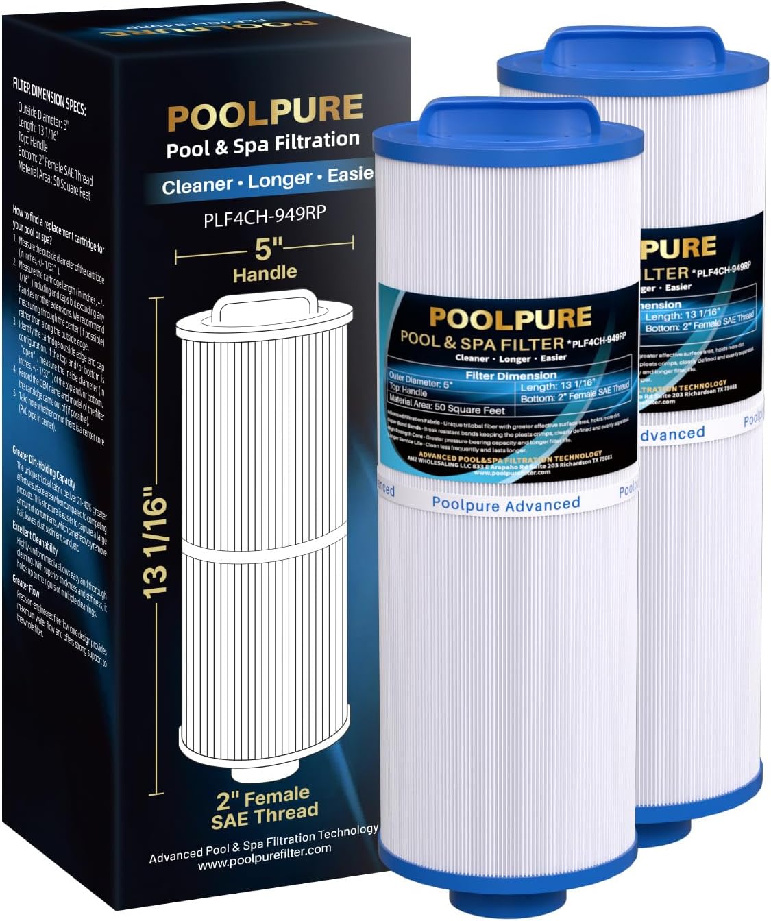 POOLPURE 4CH-949 Spa Filter Replaces Pleatco PWW50L, 200702, fil50-5d13h15fct-3, Filbur FC-0172, SD-01143, 817-4050, Waterway Teleweir 50,50 sq.ft Filter Cartridge with Built-in Dispenser, 2 Pack