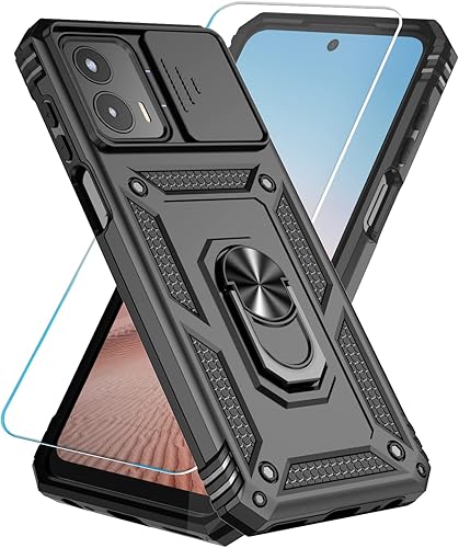 SunStory Funda para Motorola Moto G 5G 2023 con protector de pantalla HD, cubierta de cámara deslizante y soporte, [grado militar] funda para Negro