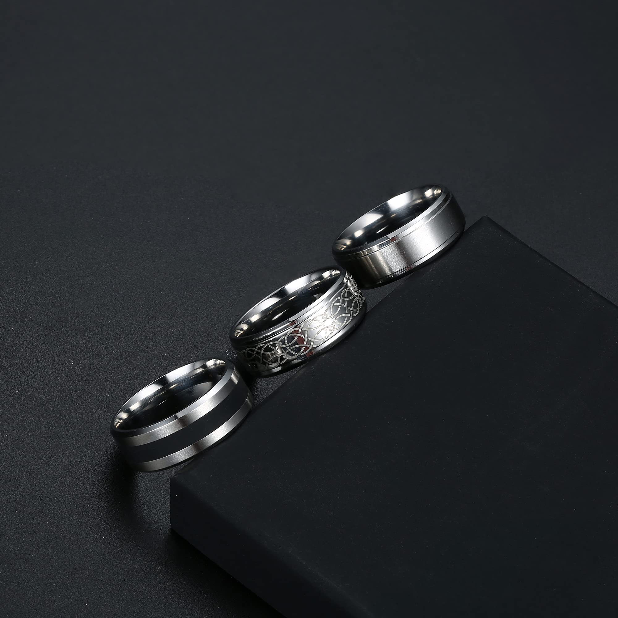 JeweBella 7-częściowy Sygnet męski ze stali nierdzewnej matowy srebrny polerowany Celtycki węzeł Vintage Biker Ring Duży klasyczny czarny męski zestaw Gothic Grawerowanie Sygnet dla mężczyzn
