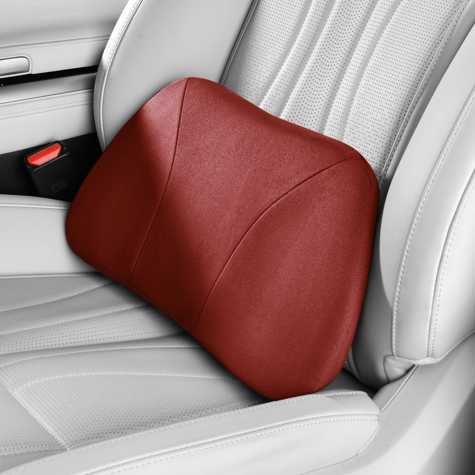 POKSRI 1P Suede Lumbar Cushion for Car, Office, Sofa, Memory Foam, 39 x 22 cm, Lumbar Support, Decoration, Backrest Cushion (Wine)