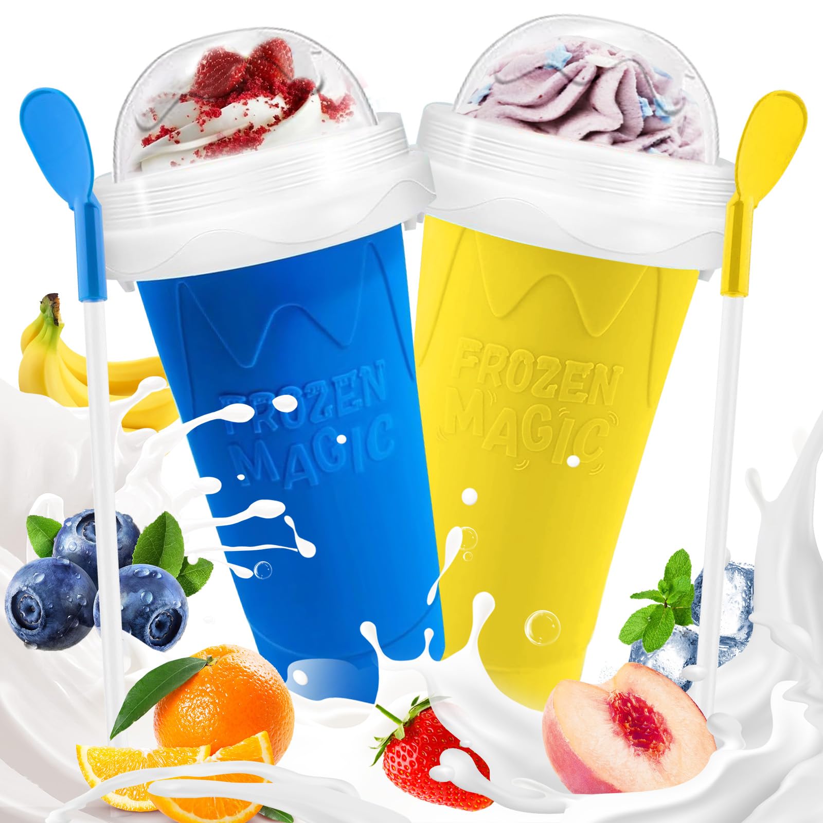 FANS-ONE Slushie Cup, 2 Pack Slushy Maker Cup, DIY Frozen Magic Squeeze Cups with Lid &amp; Straw for Juice Milk Yogurt Smoothie for Kids Friends (Blue+Yellow)