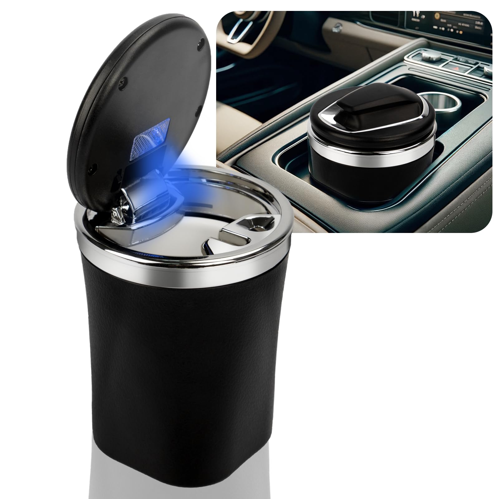 Car Ashtray,Ceramic Liner Car Ashtray With Lid,Portable Ash Tray For Smell Proof with LED Car Cup Holder Accessories for Indoor Outdoor Travel Car Smokers (Black Lid), mini, HT852-QHYB