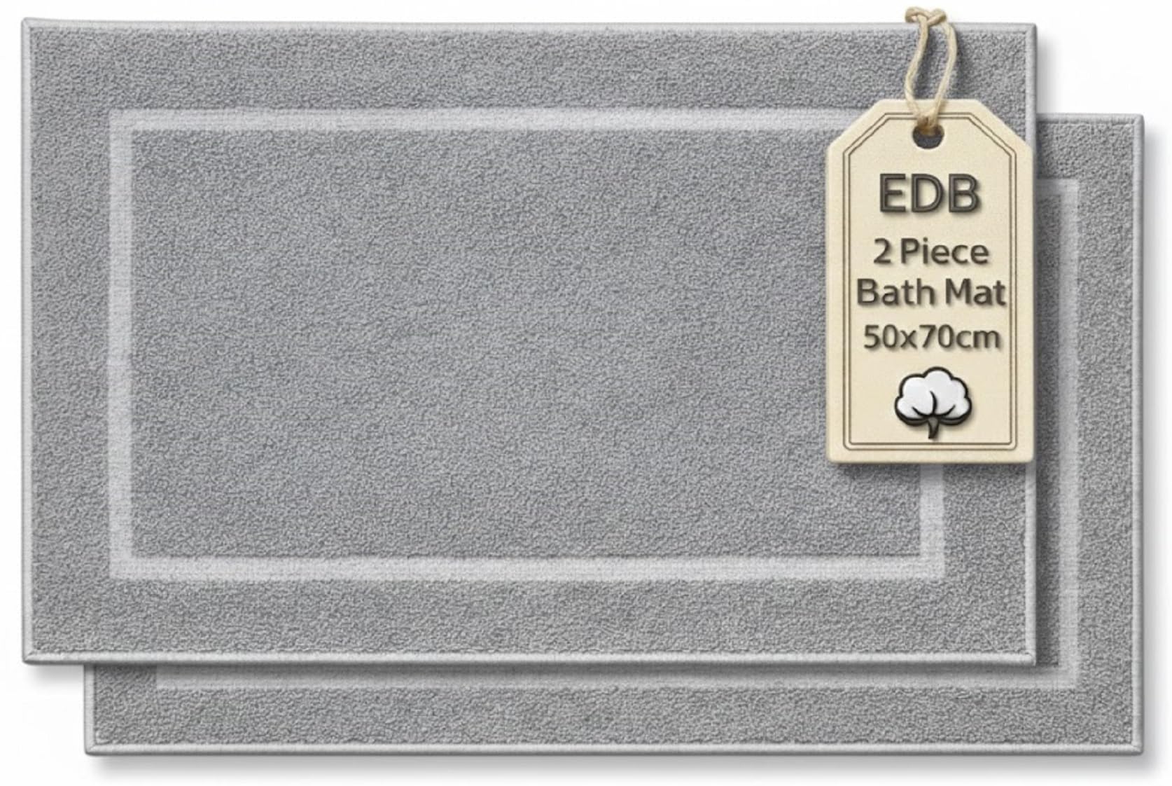 EDB Pack of 2 Terry Toweling Bath Mats Set 100% Cotton Maximum Absorbency Quick Dry 50 x 70 cm Machine Washable Soft 1000-GSM (Silver)