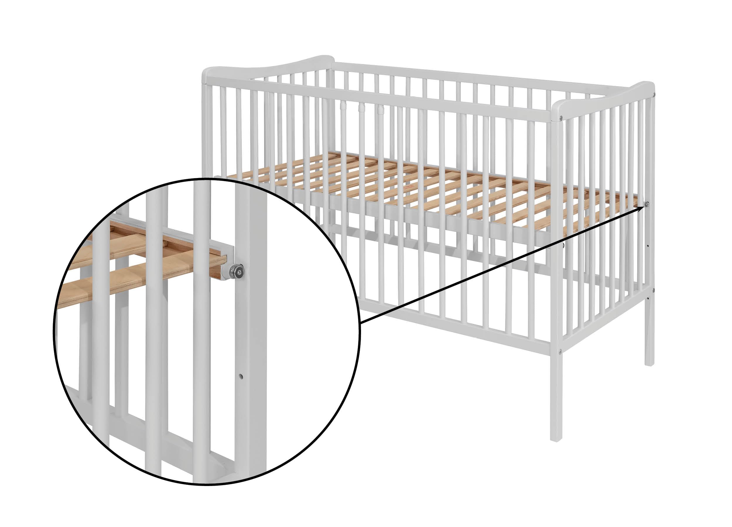 GRZES Babybett 120x60 cm Weiß, EN 716 geprüft, Kinderbett aus Buchenholz, höhenverstellbarer Lattenrost, 3 herausnehmbare Sprossen