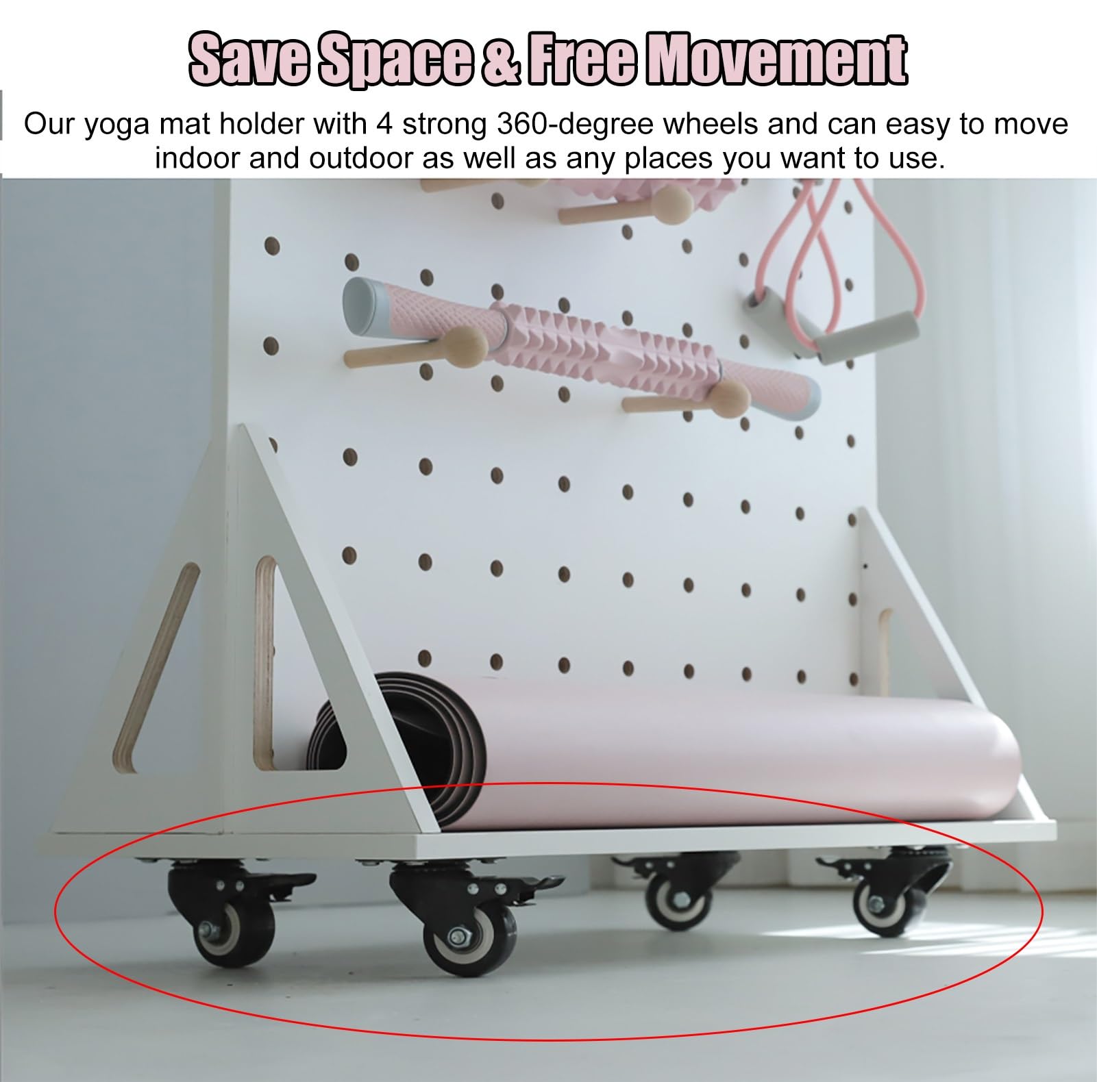 Soporte para Esterilla de Yoga de Madera Natural con Ruedas, Soporte para Esterilla de Yoga para Mancuernas, Rodillos de Espuma, Pesas Rusas, Correa de Yoga, decoración de Gimnasio en casa/a