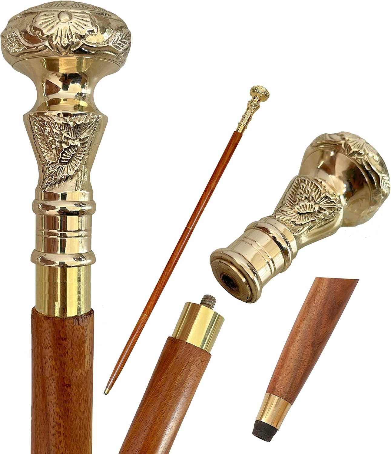 Foldable Wooden Walking Stick, Victorian Design for Rich People 94 cm (36 inch / 3 Feet) Wood Cane with Brass Royal Handle, Golden Floral Design, Unisex-image-24