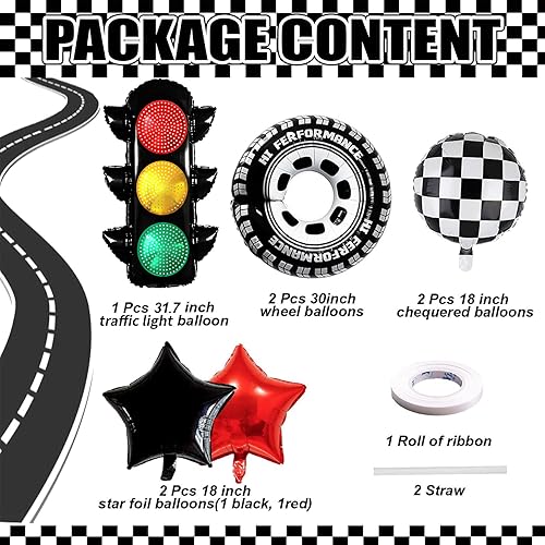 Vista 3 de Juego de 7 globos de fiesta de autos de carreras, semáforo, globos a cuadros, globos de neumáticos, decoración de fiesta de cumpleaños rápida