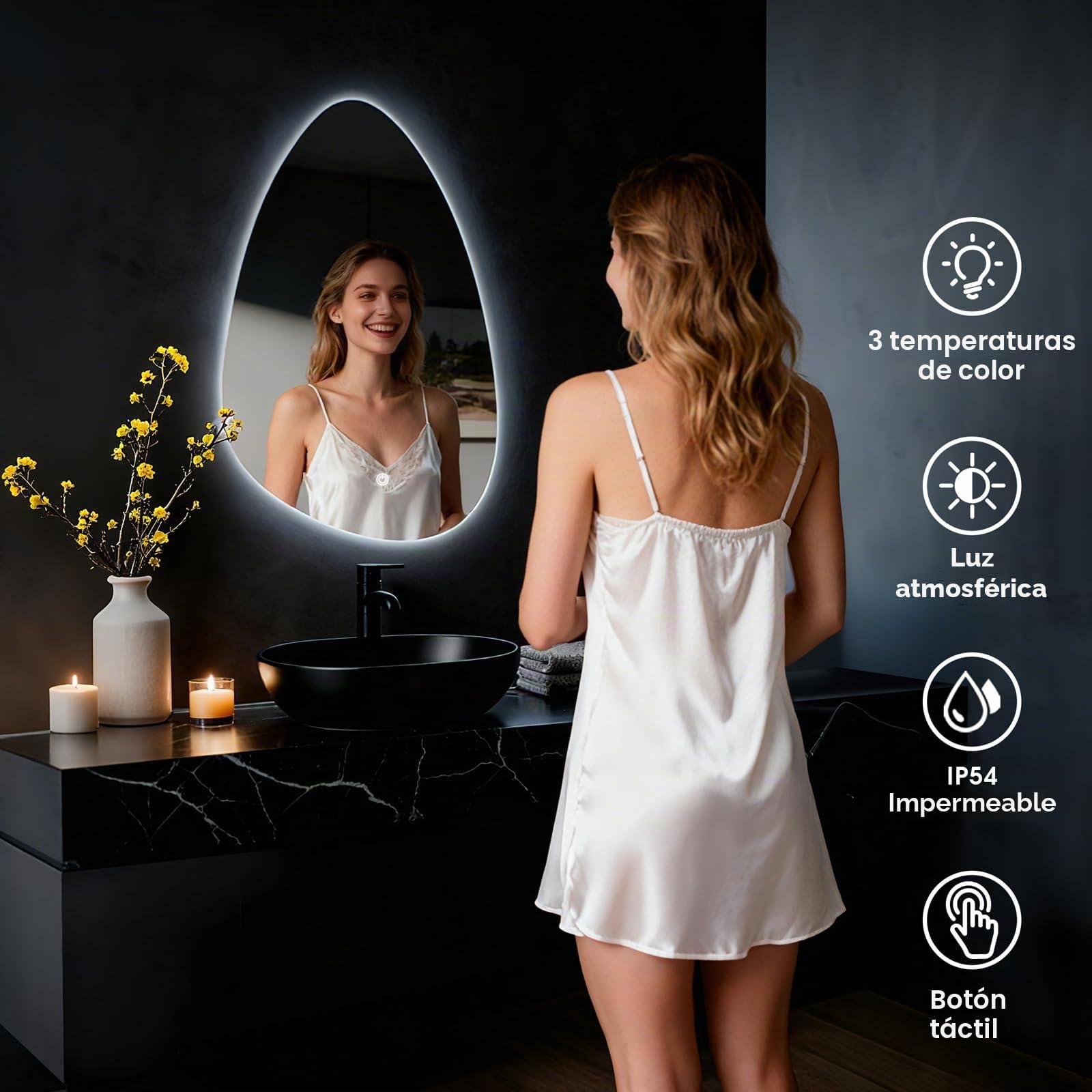 Espejo de Pared para baño, Espejo de baño con iluminación, Espejo con luz LED, Interruptor táctil y 3 Colores Regulables (Gotas de Agua, 60L x 40B cm)