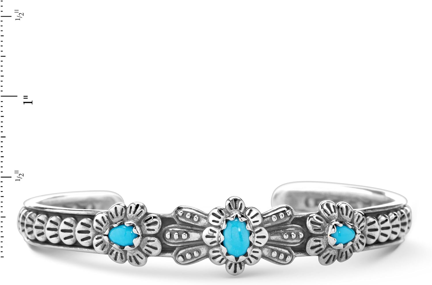 American West Sterling Silver Women's Cuff Bracelet Sleeping Beauty Turquoise Gemstone Flower Concha Design Size Small Medium Large