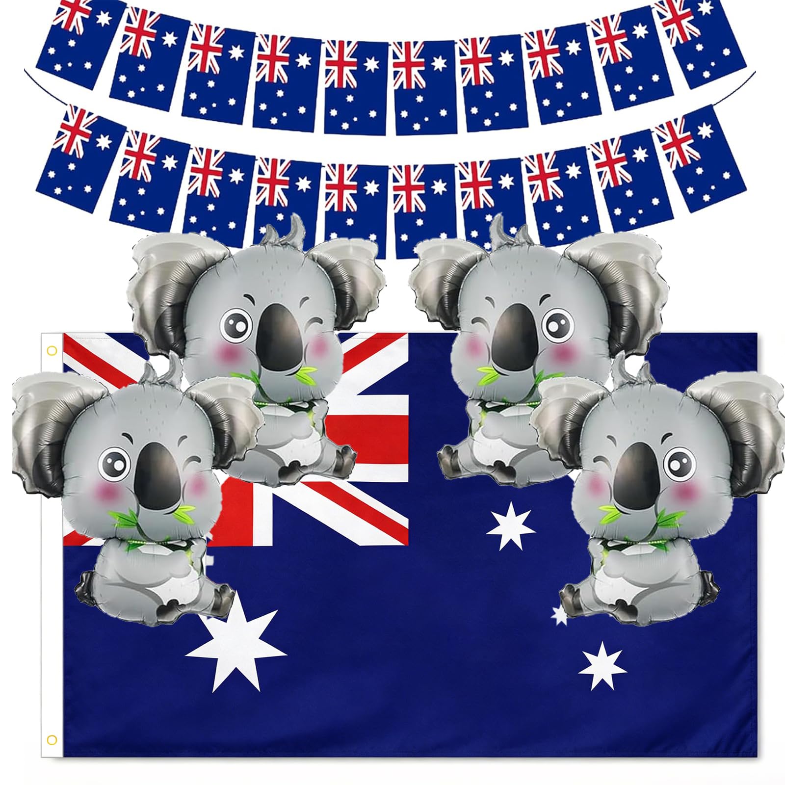 25 Pcs Australian Party Decorations Set, 4 Koala Balloons 85x83cm and 20 Flags Banner 14x21cm, 1 Australia Flag 5ft x 3ft, St Georges Day Decorations, for Birthday Party and National Celebration