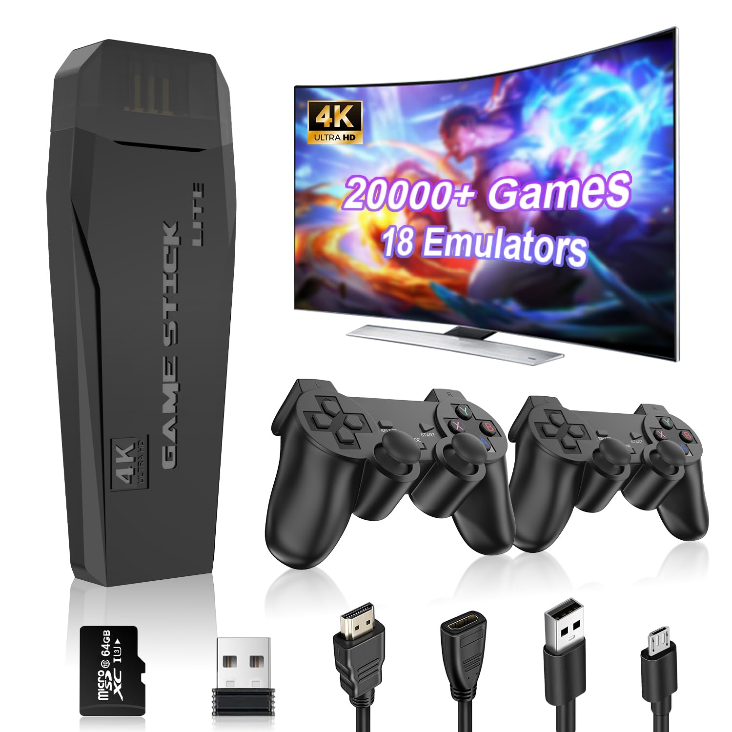 HCRTGAY Wireless Retro Gaming Console Stick, Plug and Play TV Video Games Stick with Built-in 18 Emulators, Retro Drive 20000+ Games, 4K HDMI Output with 2 2.4G Wireless Controllers (64GB Memory Card)