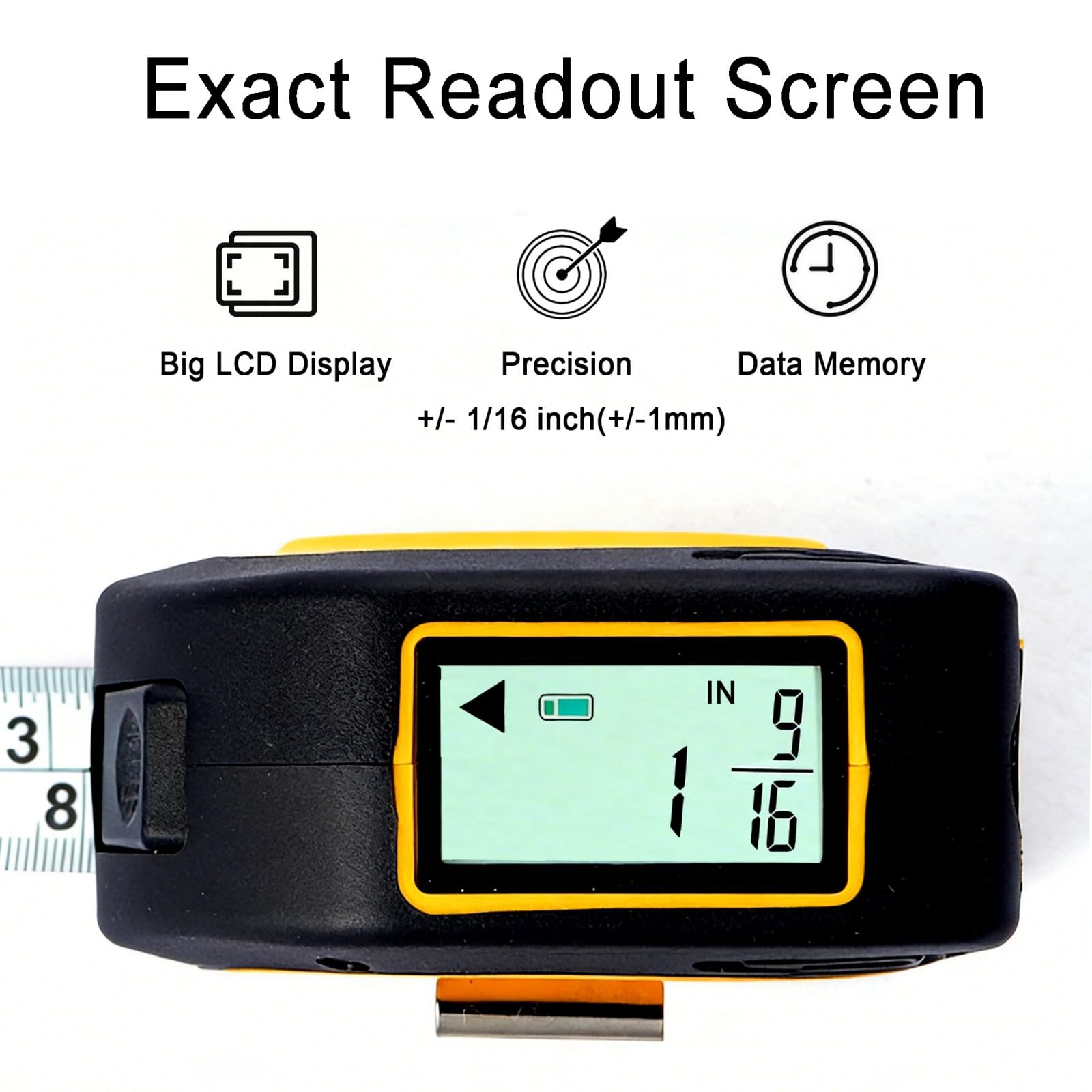 TLW Mètre ruban numérique professionnel de 5 m, lame de 25 mm de large pour grand écran LCD rétroéclairé avec 9 mémoires de données