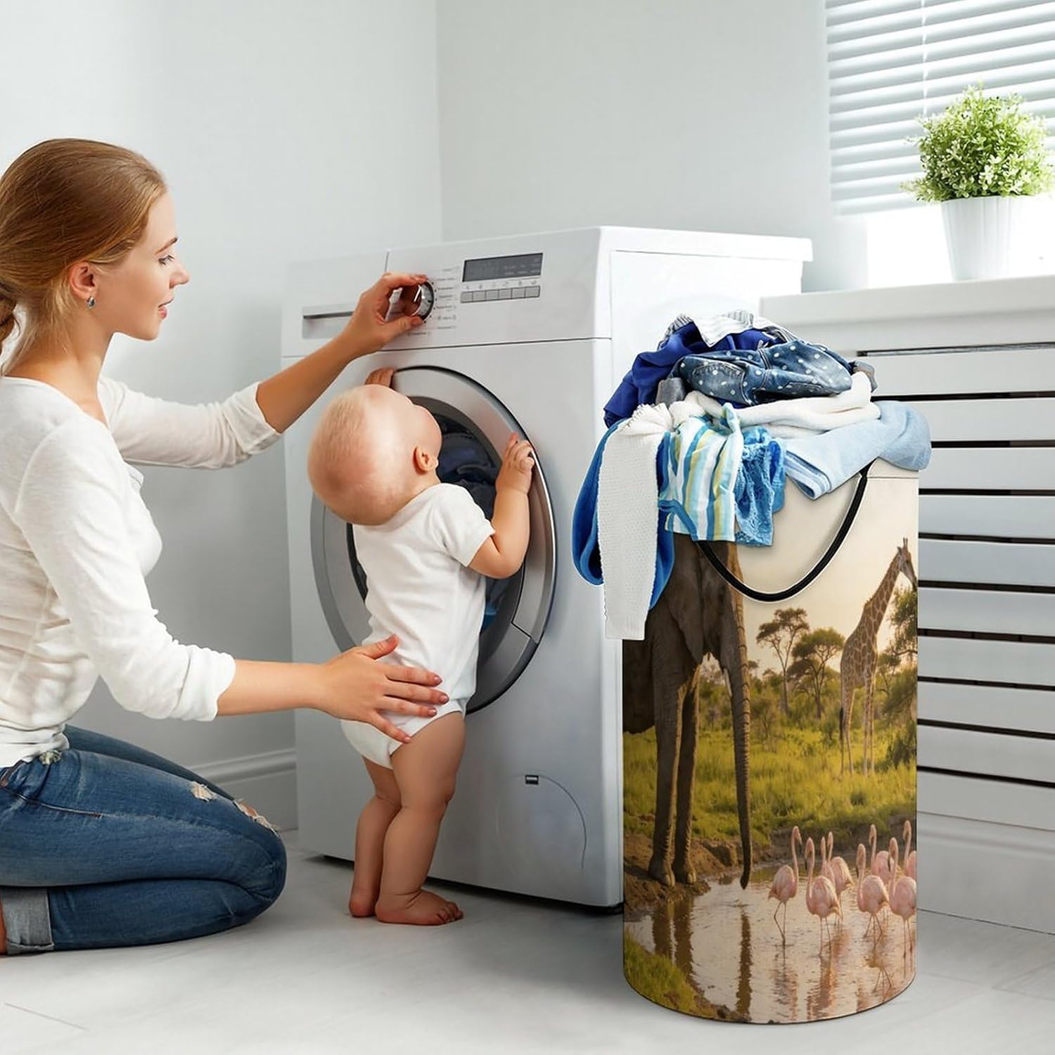 Elephant, Flamingo, Giraffe Laundry Hamper 86L Waterproof Collapsible Clothes Basket with Double Handles Freestanding Foldable Laundry Basket Large Clothes Hamper for Bathroom