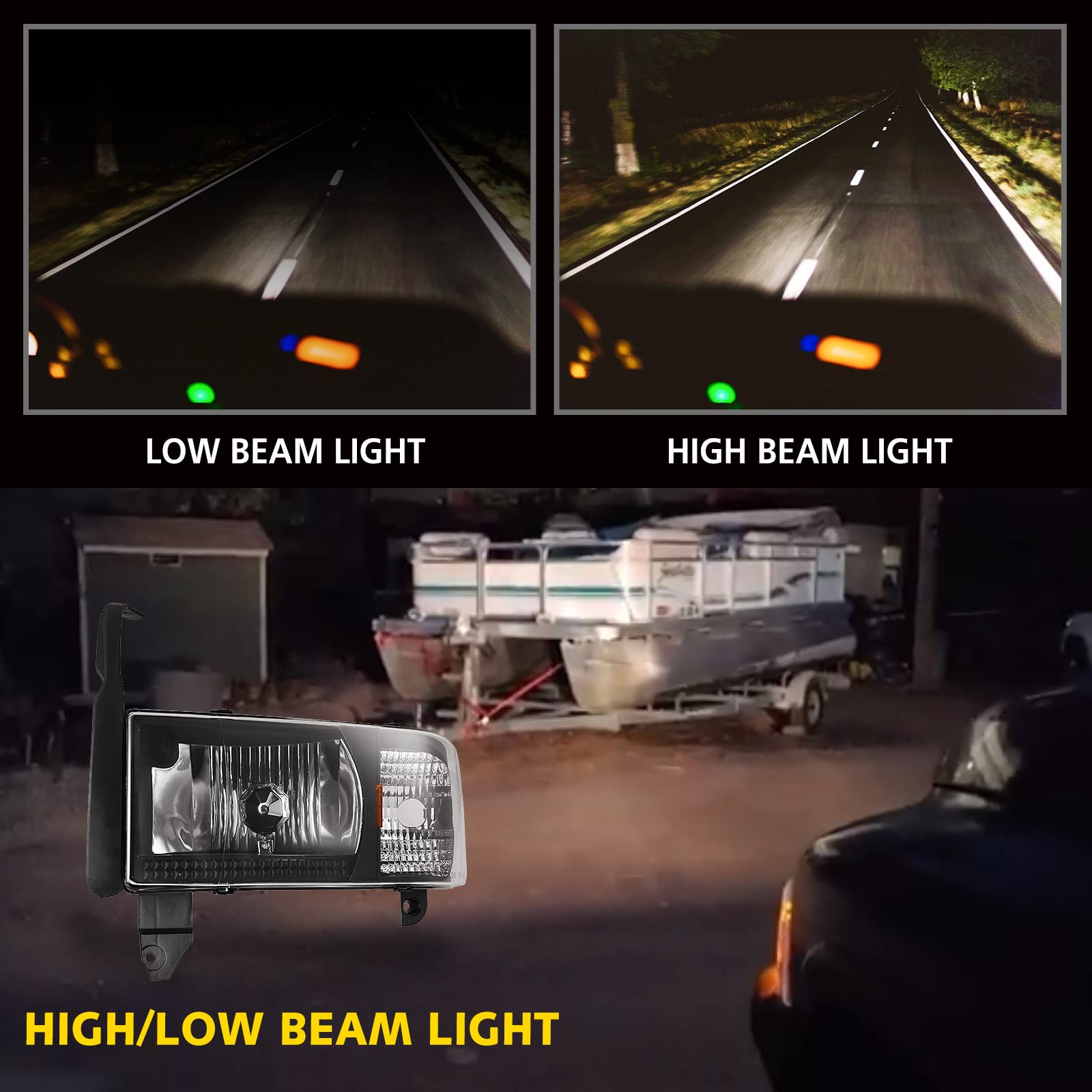 DNA MOTORING Black Headlights W/ LED Kit For 1994-2002 Dodge Ram 1500/2500/3500 – Clear Lens, 6000K