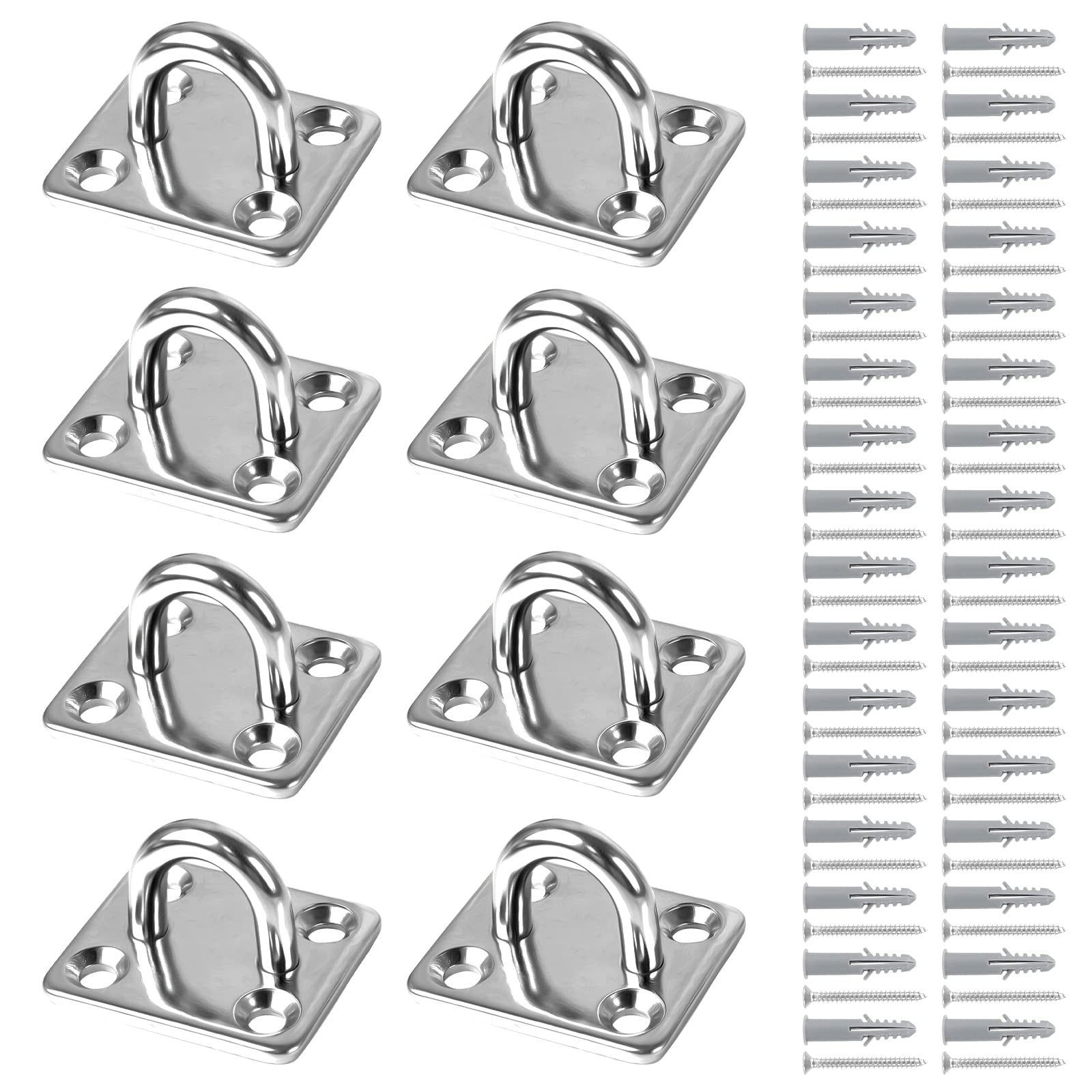 Bubuyun8PCS Marine Hardware Metal Staple Hooks Pad Eye Hook Marine Eye Plate Stainless Steel Oblong Pad Eye Plate with 32 Set of Screws and Plugs for Swing Hammock Boat Splint