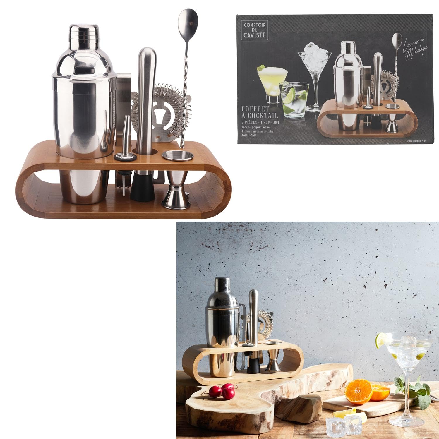 COOK CONCEPT - KV7303 Coffret Complet à Cocktail avec Support en Bambou - Shaker, Pilon, Passoire, Cuillère, Verre Doseur, Bouchon Verseur, Pince - 27.6 x 25 x 10.5 cm - Couleur Argent