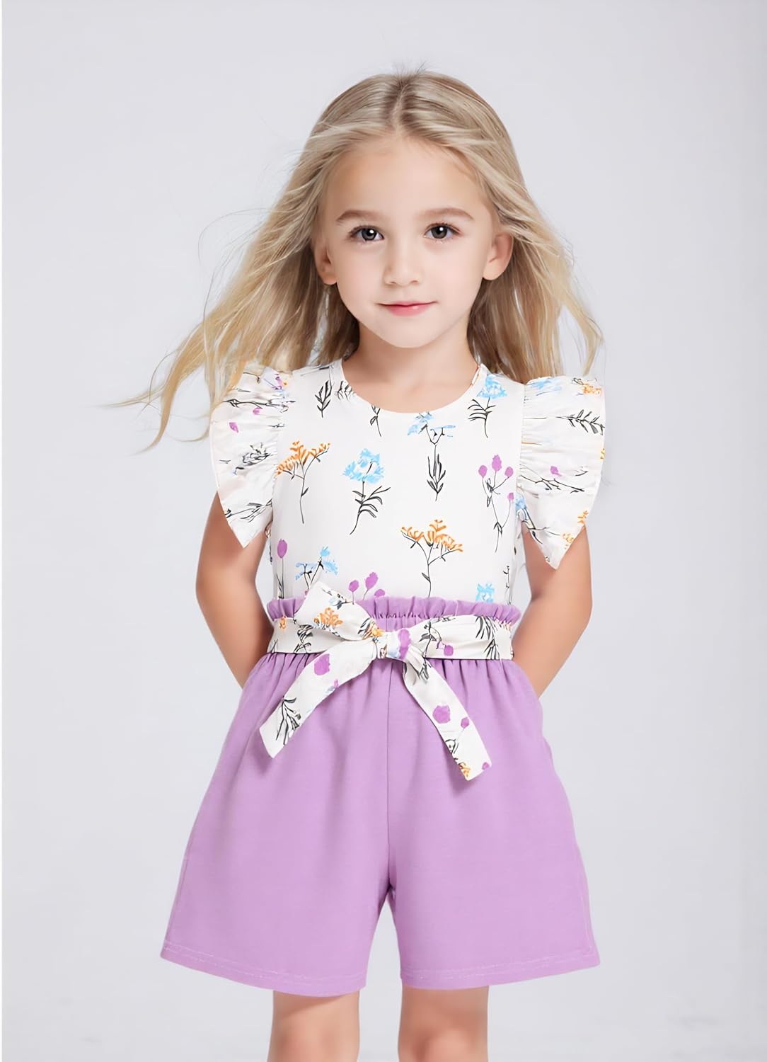 3-8T Toddler Kid Girl Outfits Clothes Ruffle Short Sleeve Floral T-Shirt Top Summer Shorts with Belt - Image 2